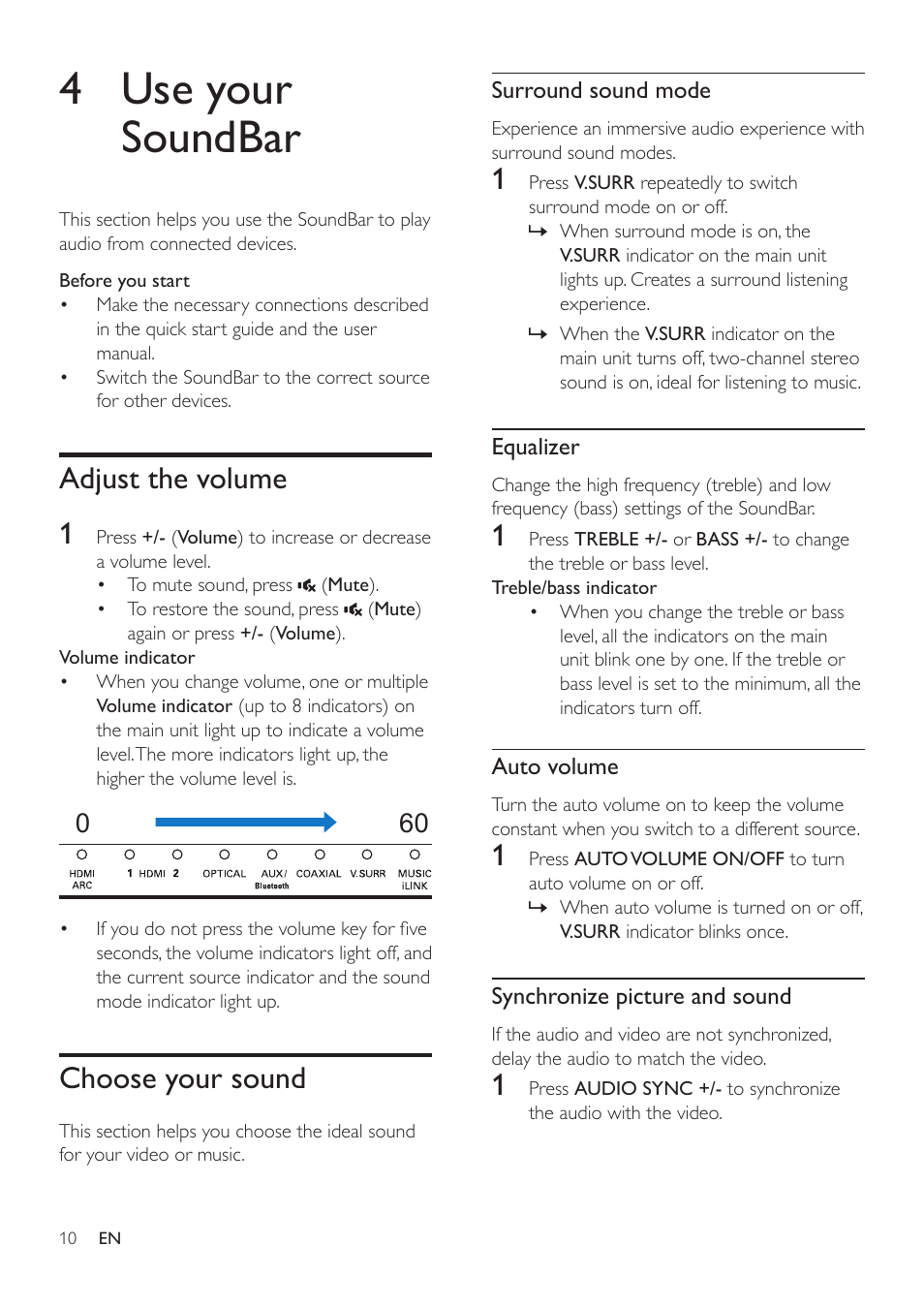 4 use your soundbar, Adjust the volume, Choose your sound | Adjust the volume 1 | Philips HTL5120-F7 User Manual | Page 12 / 21
