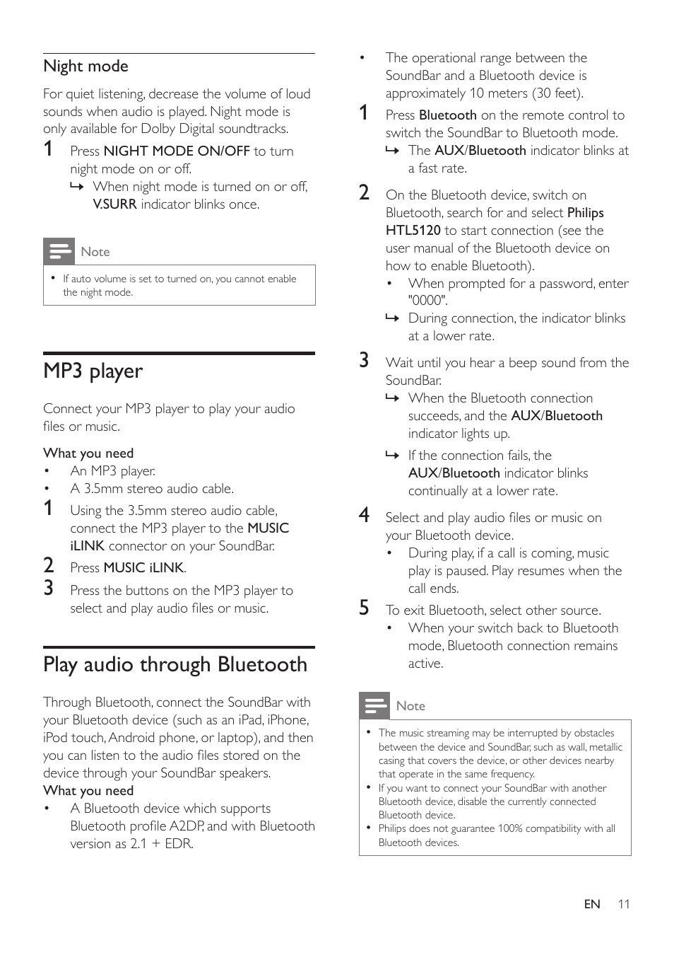Mp3 player, Play audio through bluetooth, Night mode | Philips HTL5120-F7 User Manual | Page 13 / 21