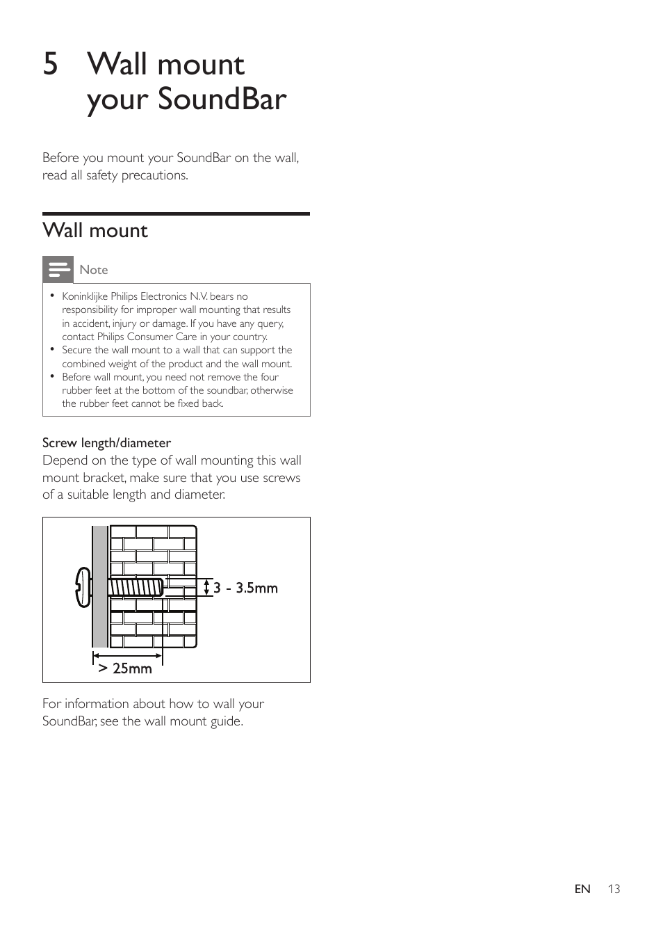 5 wall mount your soundbar, Wall mount | Philips HTL5120-F7 User Manual | Page 15 / 21
