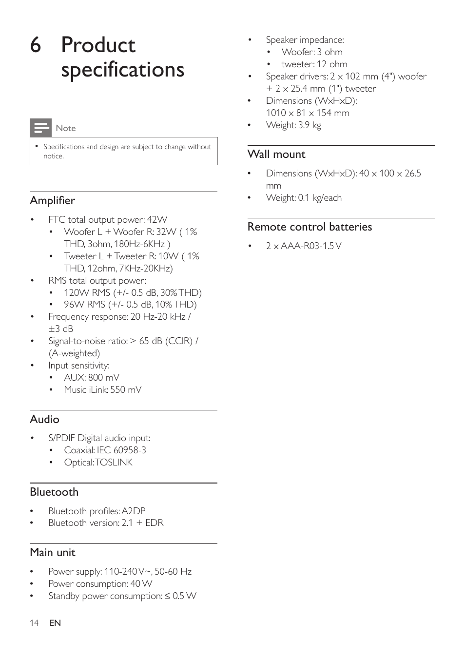 6 product specifications | Philips HTL5120-F7 User Manual | Page 16 / 21