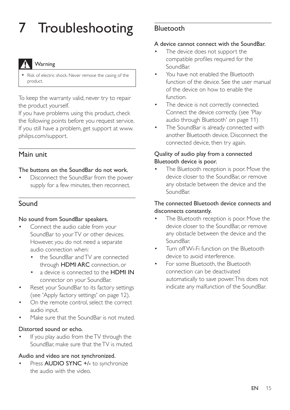 7 troubleshooting, Main unit, Sound | Bluetooth | Philips HTL5120-F7 User Manual | Page 17 / 21
