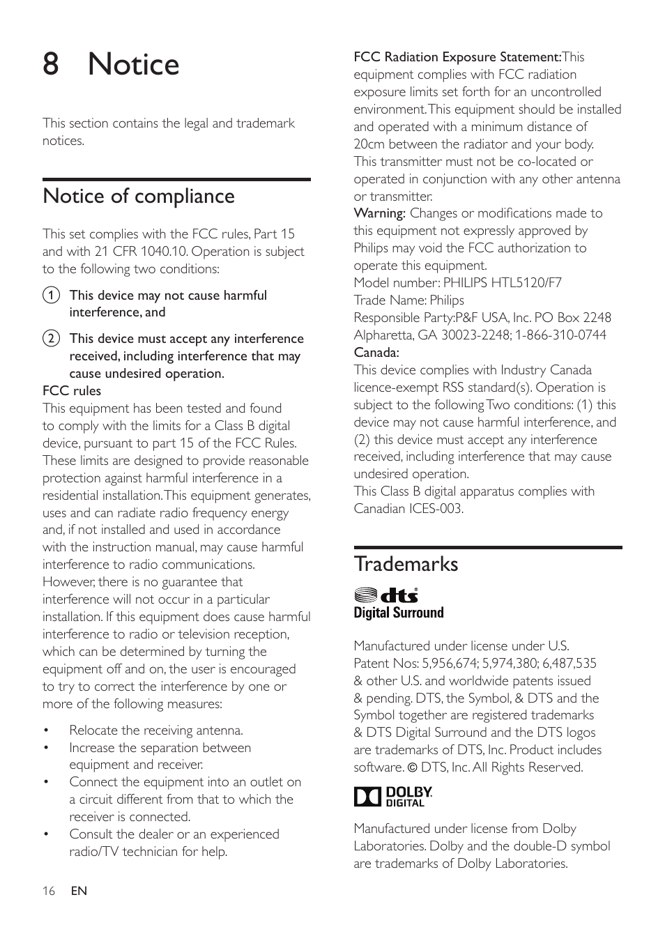 8 notice, Notice of compliance, Trademarks | Philips HTL5120-F7 User Manual | Page 18 / 21