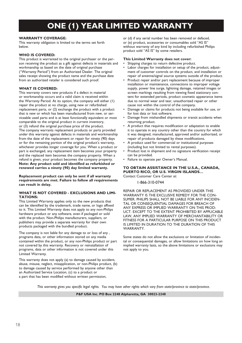 One (1) year limited warranty | Philips HTL5120-F7 User Manual | Page 20 / 21