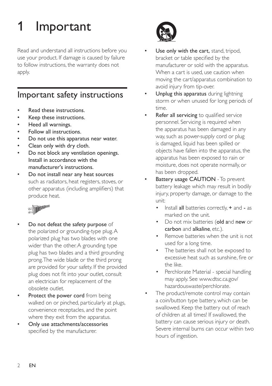 1 important, Important safety instructions | Philips HTL5120-F7 User Manual | Page 4 / 21