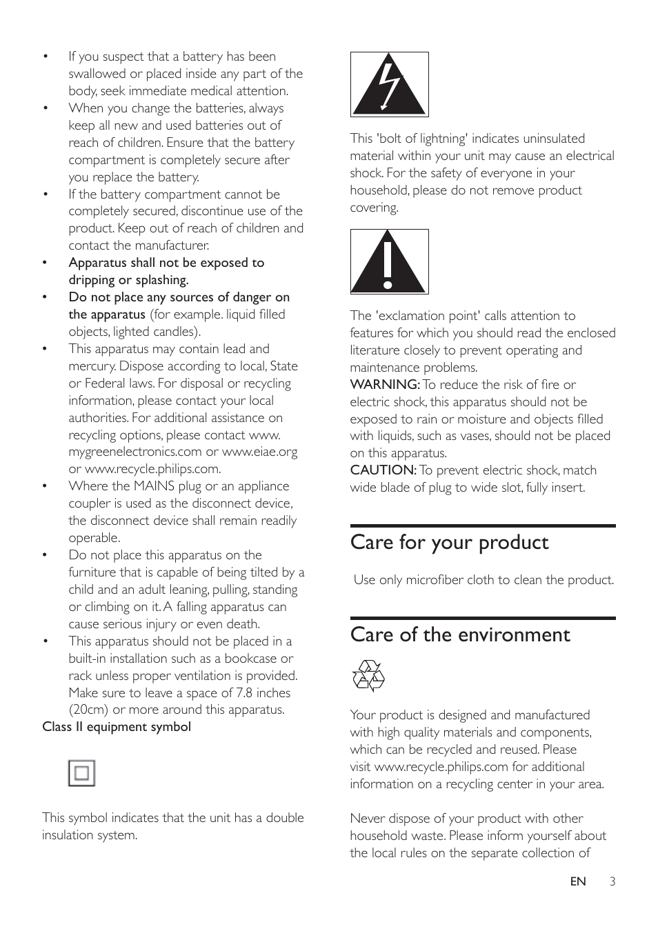Care for your product, Care of the environment | Philips HTL5120-F7 User Manual | Page 5 / 21