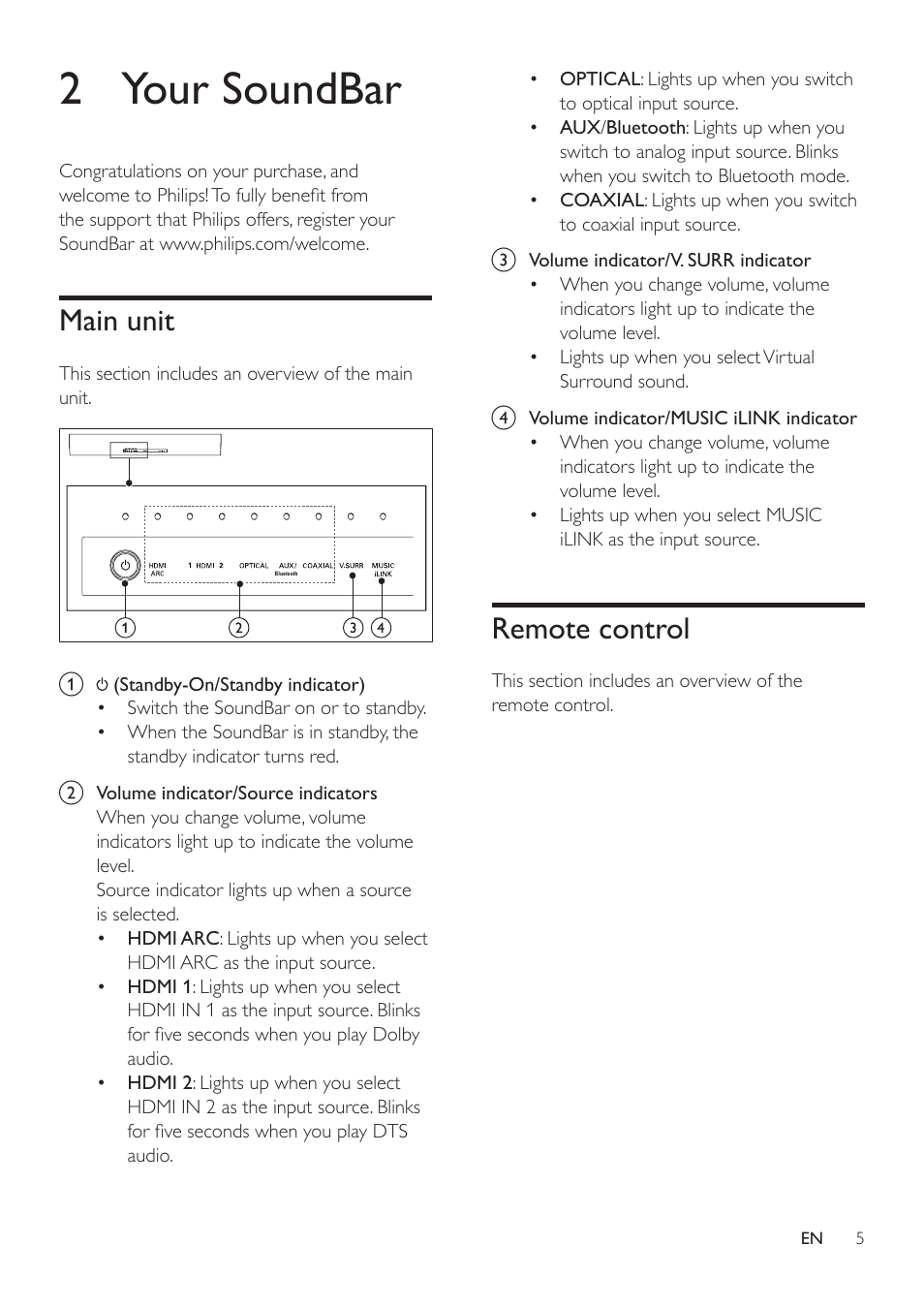 2 your soundbar, Main unit, Remote control | Philips HTL5120-F7 User Manual | Page 7 / 21