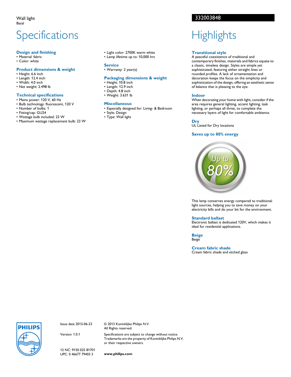 Specifications, Highlights | Philips 332003848 User Manual | Page 2 / 2