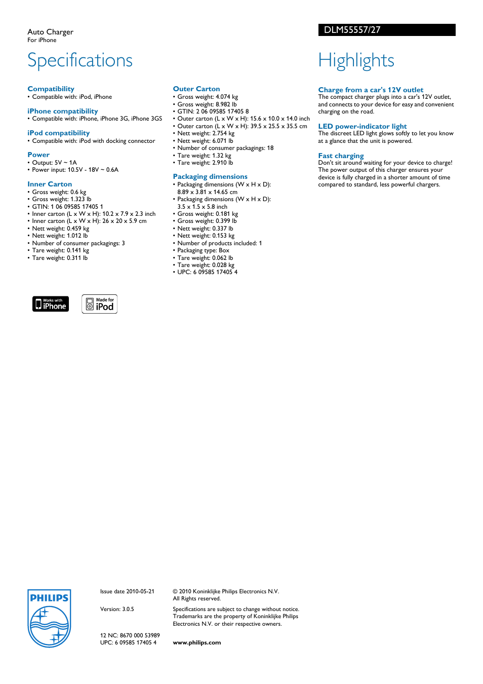 Specifications, Highlights | Philips DLM55557-27 User Manual | Page 2 / 2