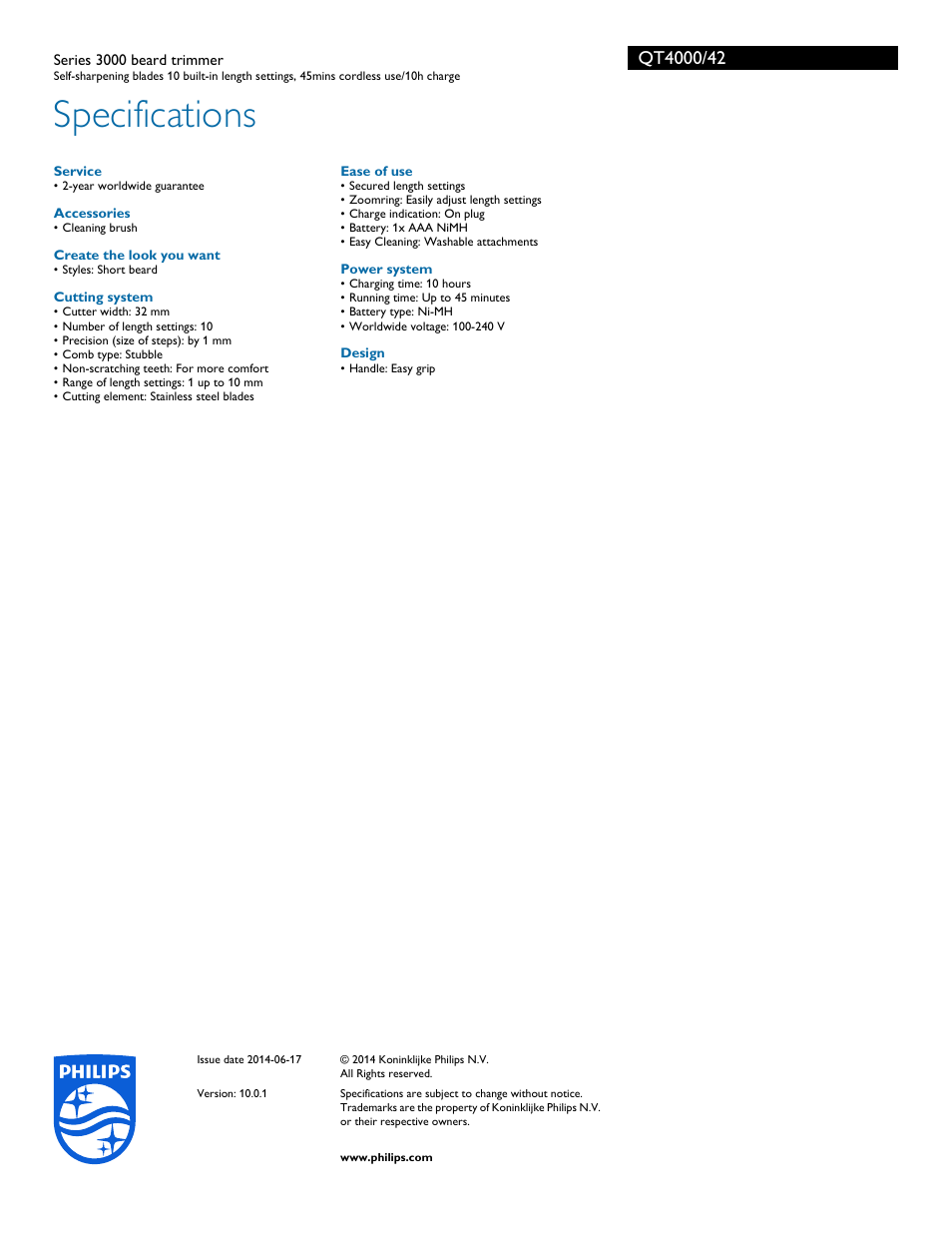 Specifications | Philips QT4000-42 User Manual | Page 3 / 3