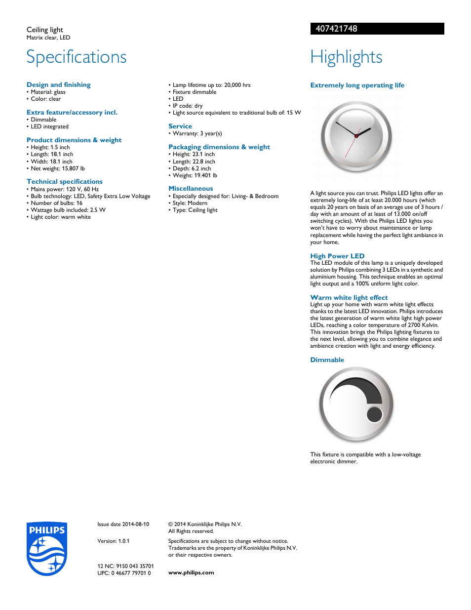Specifications, Highlights | Philips 407421748 User Manual | Page 2 / 2