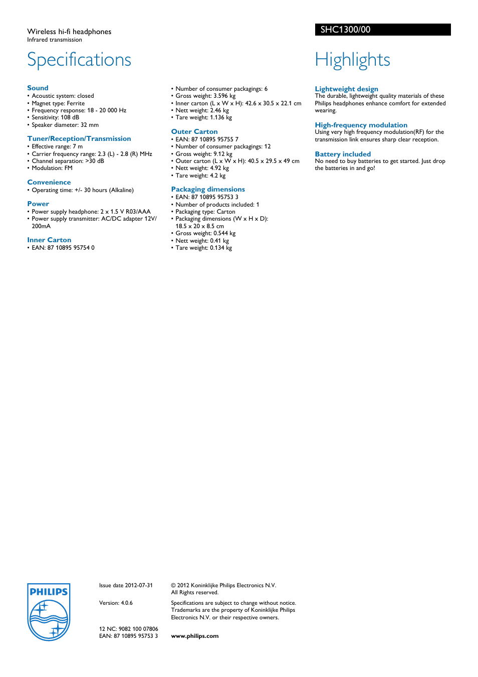 Specifications, Highlights | Philips SHC1300-00 User Manual | Page 2 / 2