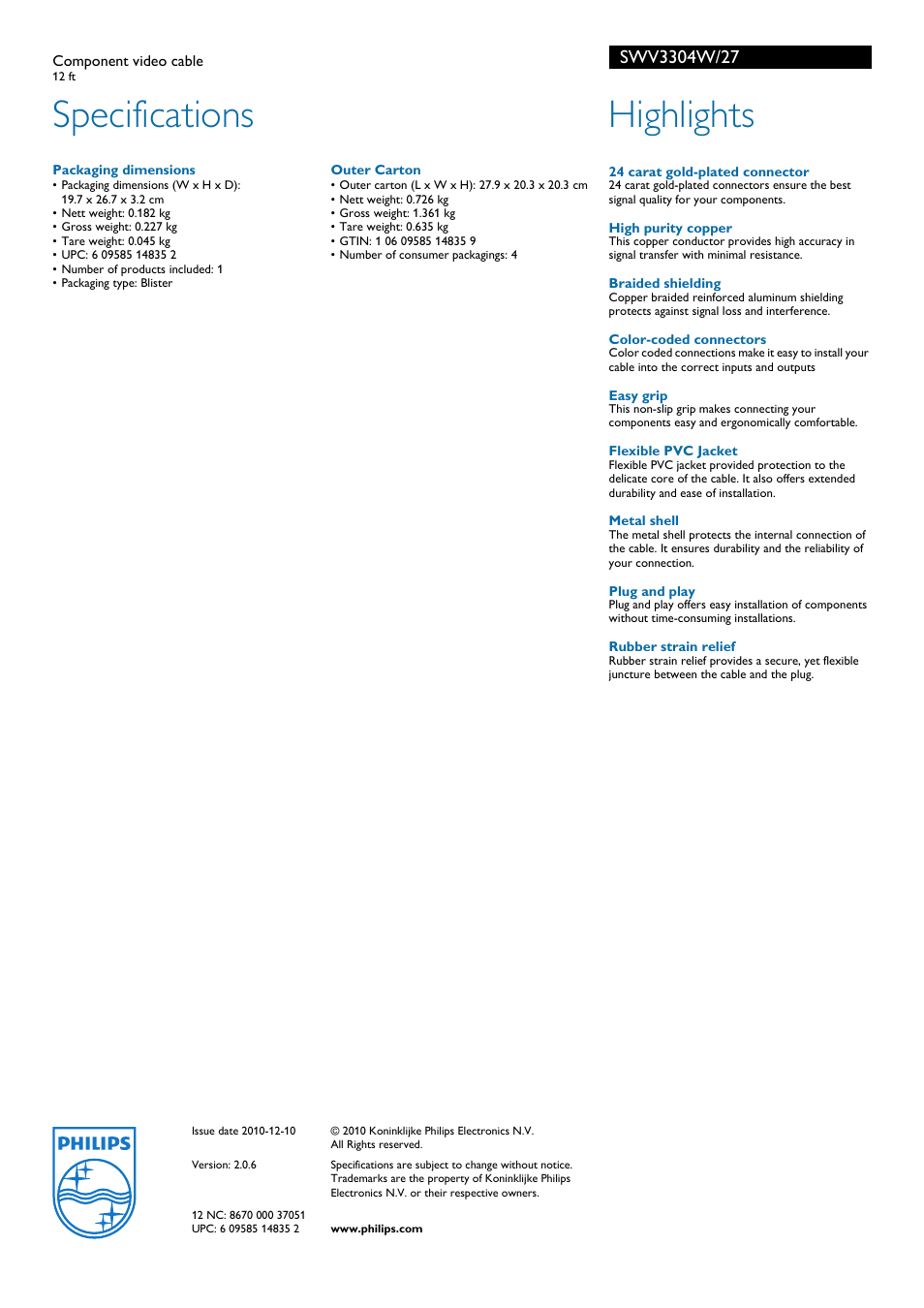 Specifications, Highlights | Philips SWV3304W-27 User Manual | Page 2 / 2