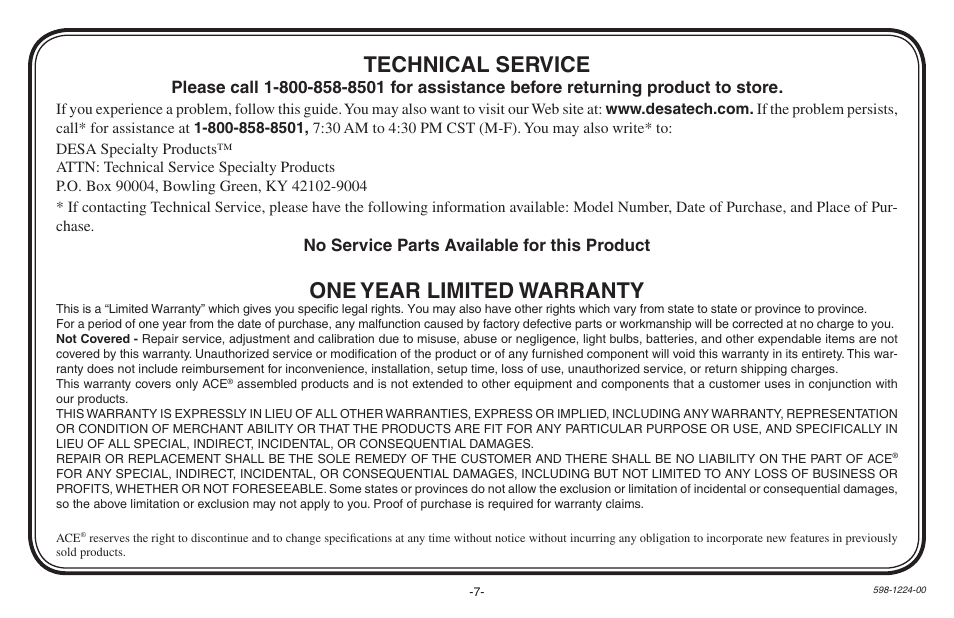 One year limited warranty, Technical service, No service parts available for this product | Ace Hardware Door User Manual | Page 7 / 8