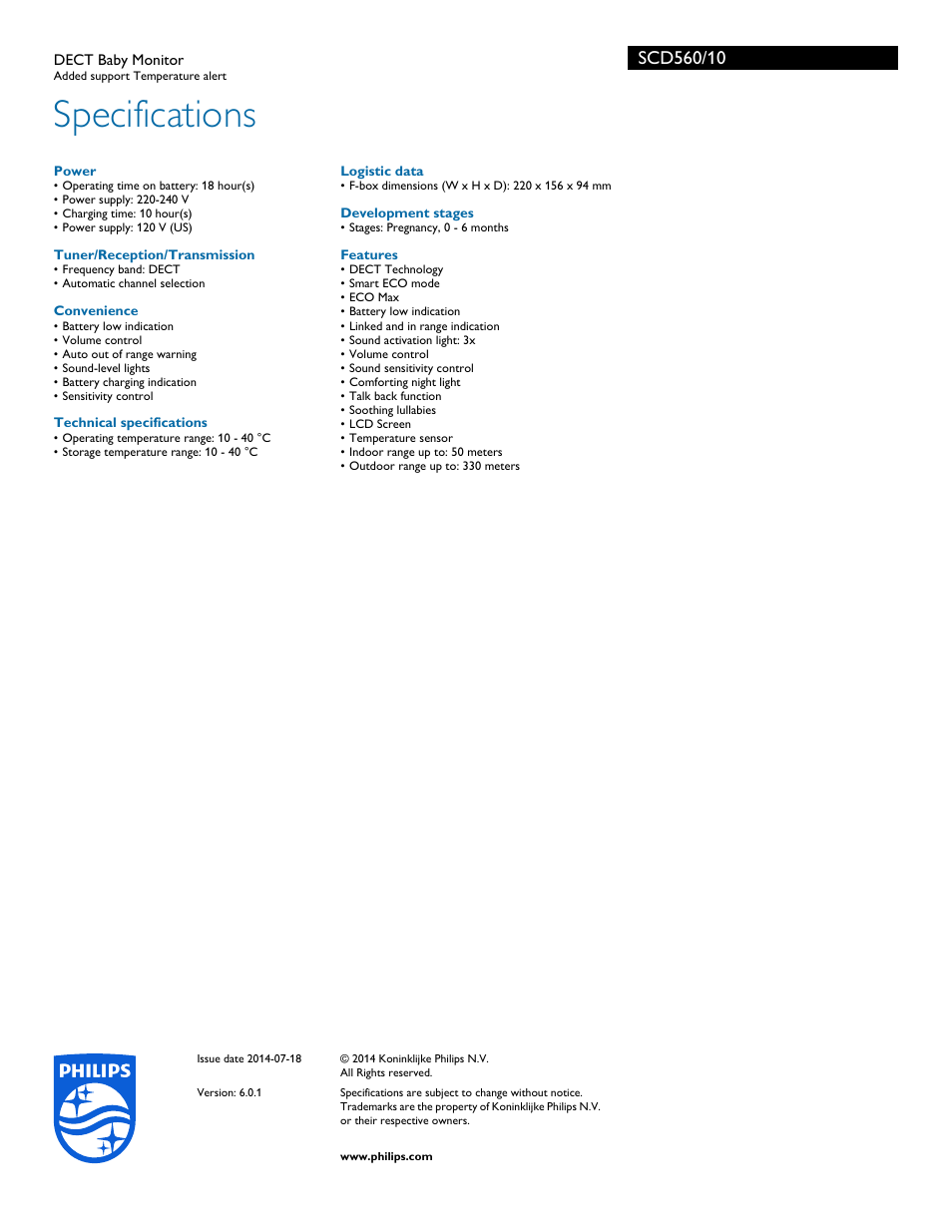 Specifications | Philips SCD560-10 User Manual | Page 3 / 3