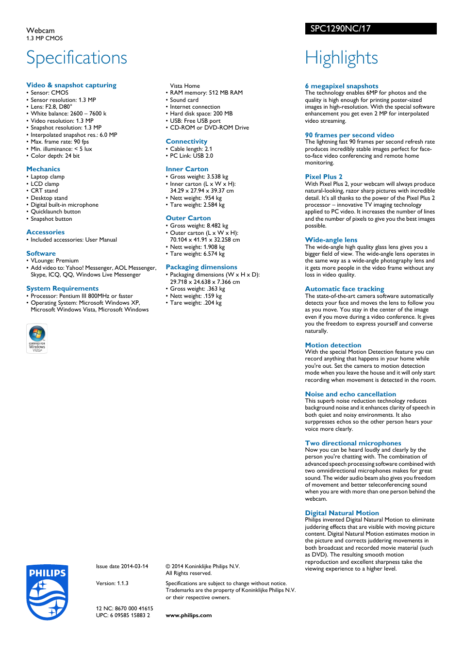 Specifications, Highlights | Philips SPC1290NC-17 User Manual | Page 2 / 2