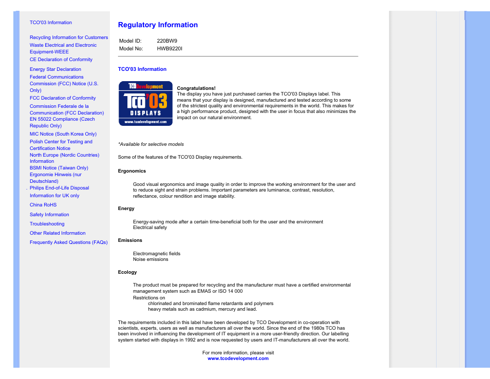 Regulatory information | Philips 220BW9CB-27 User Manual | Page 15 / 122