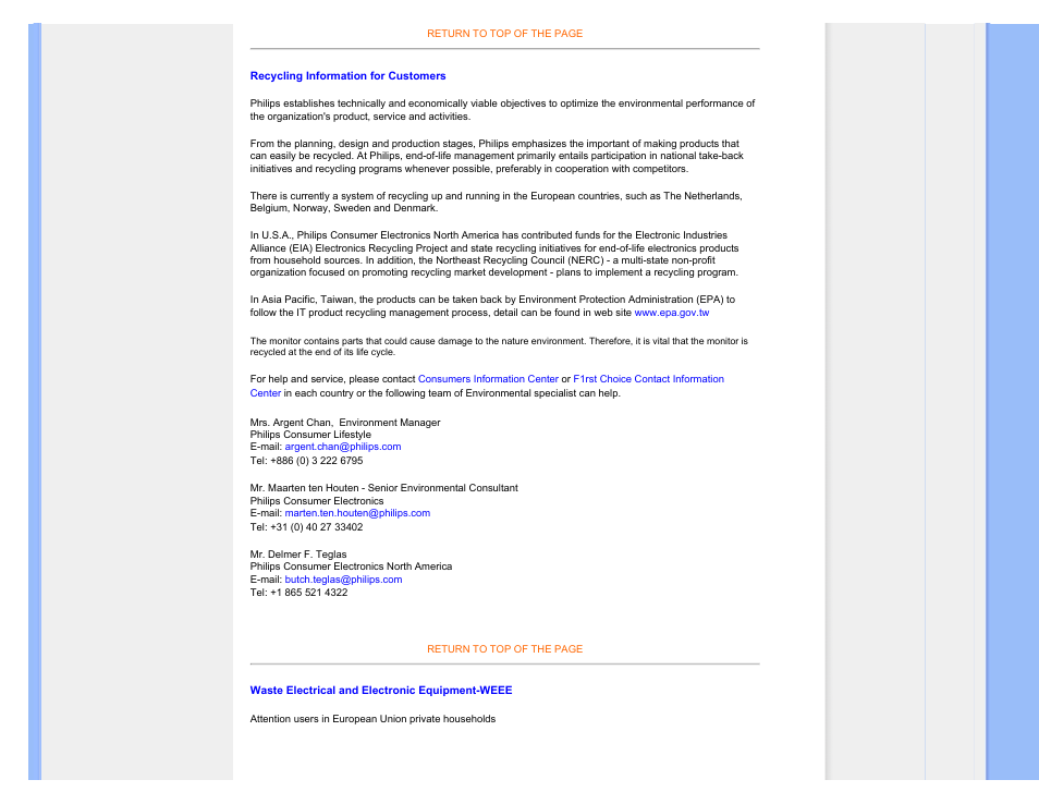 Recycling information for customers, Waste electrical and electronic equipment-weee | Philips 220BW9CB-27 User Manual | Page 16 / 122