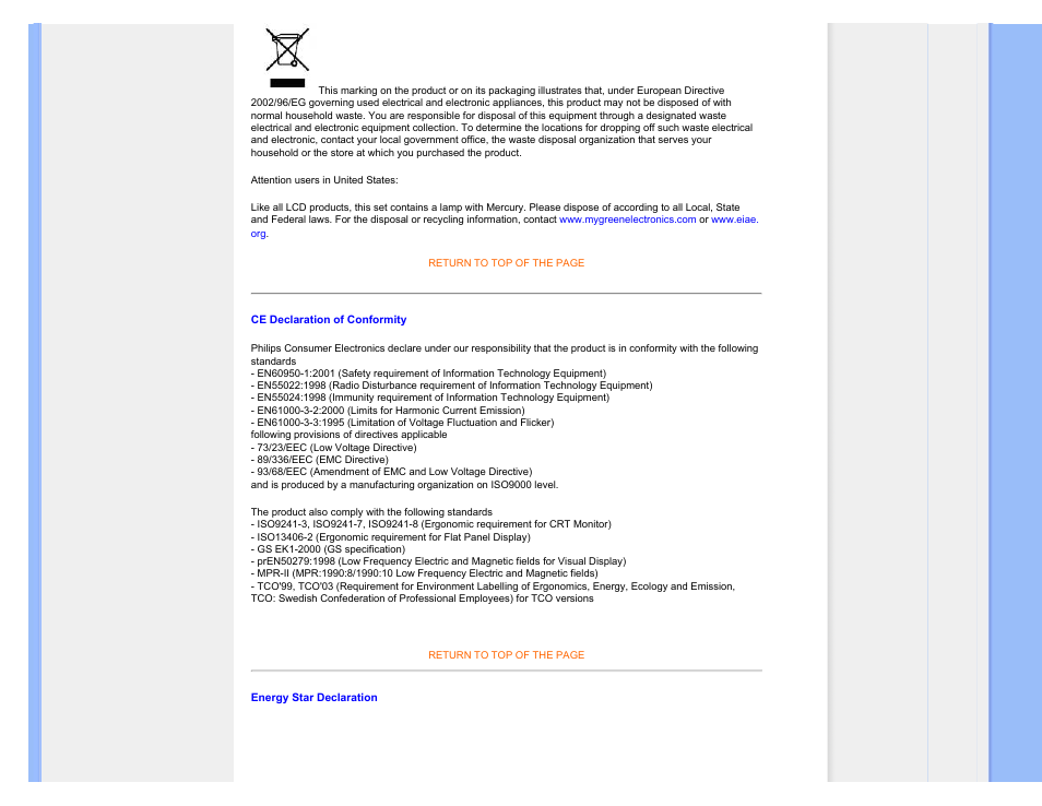 Ce declaration of conformity, Energy star declaration | Philips 220BW9CB-27 User Manual | Page 17 / 122