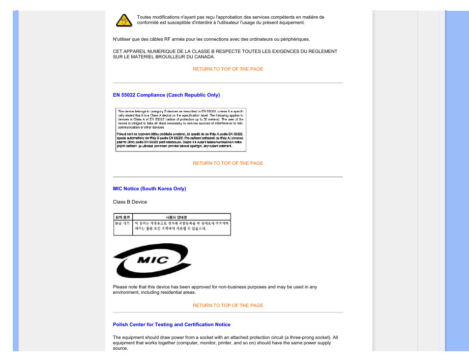 En 55022 compliance (czech republic only), Mic notice (south korea only), Polish center for testing and certification notice | Philips 220BW9CB-27 User Manual | Page 20 / 122