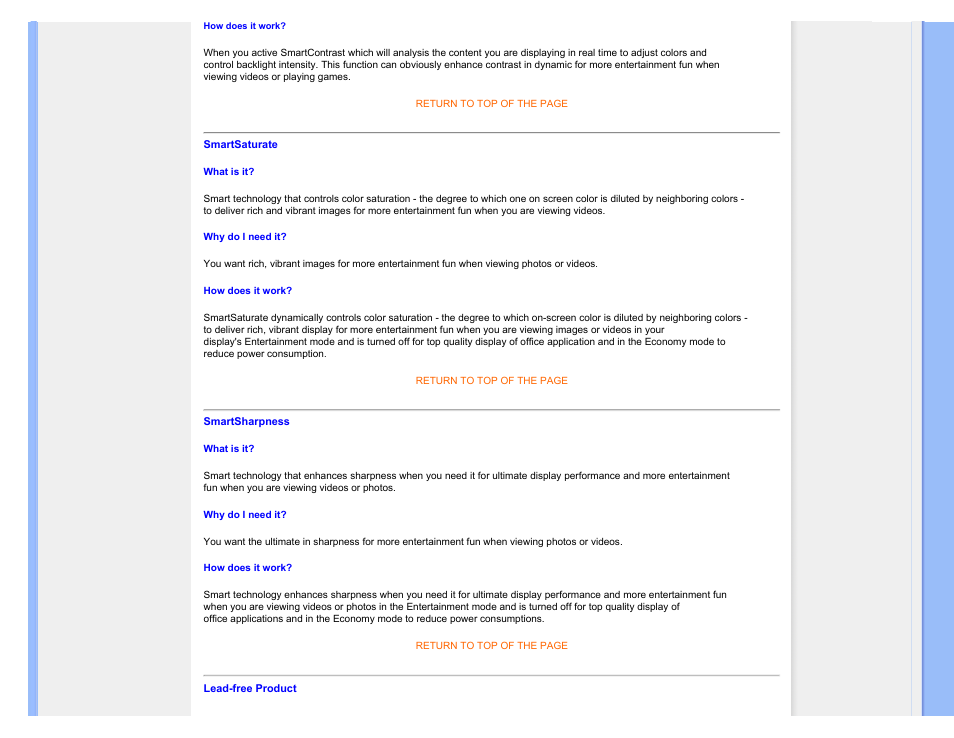 Smartsaturate smartsharpness lead-free product | Philips 220BW9CB-27 User Manual | Page 33 / 122