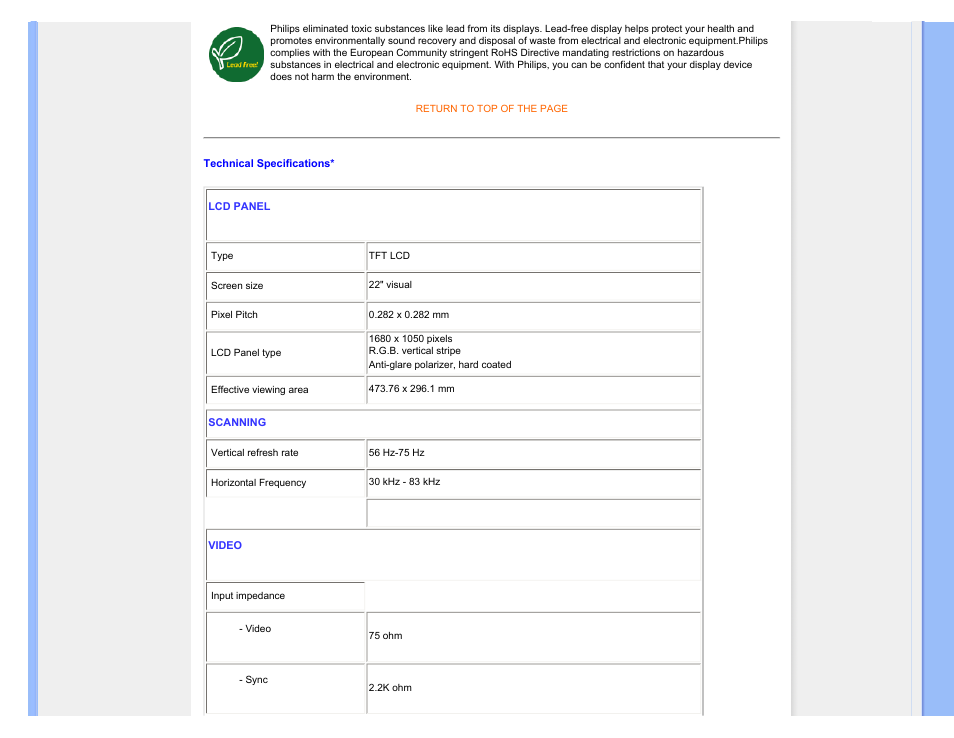 Technical specifications | Philips 220BW9CB-27 User Manual | Page 34 / 122