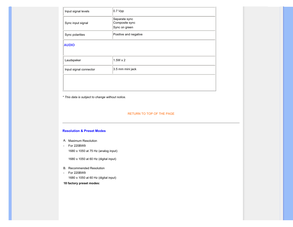 Resolution & preset modes | Philips 220BW9CB-27 User Manual | Page 35 / 122
