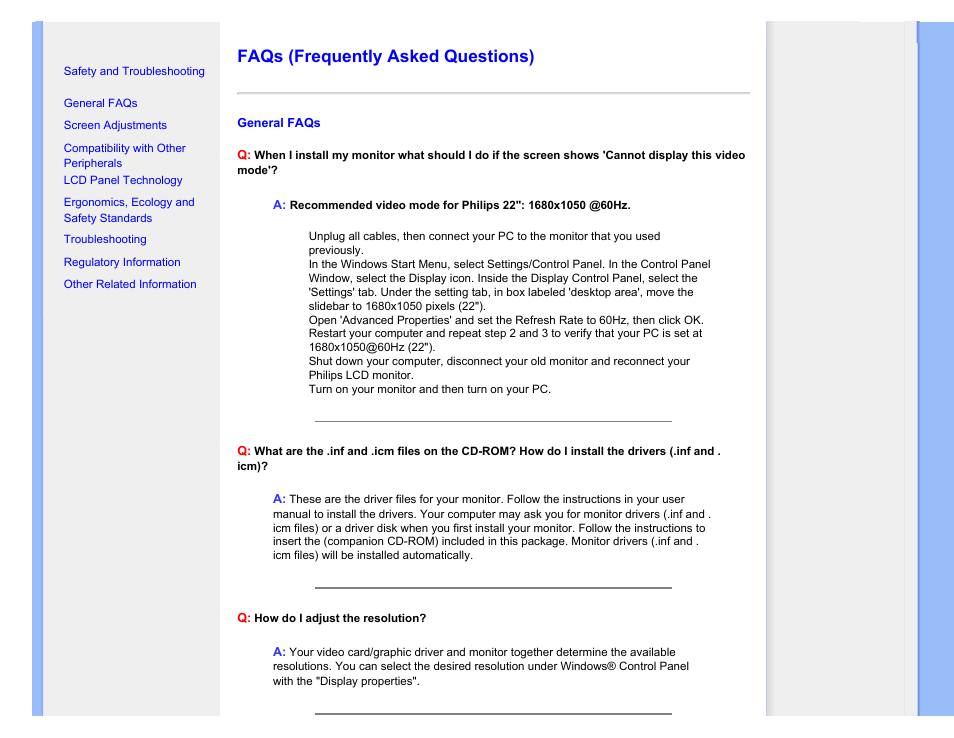 Faqs (frequently asked questions), Faqs | Philips 220BW9CB-27 User Manual | Page 4 / 122