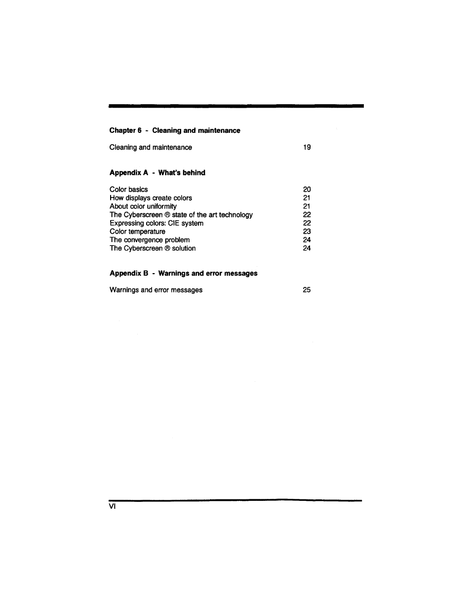 Chapter 6 - cleaning and maintenance, Appendix a - what’s behind, Appendix b - warnings and error messages | Philips LP2PB201CS User Manual | Page 7 / 34