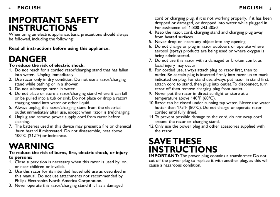 Save these instructions, Important safety instructions, Danger | Warning | Philips PT734-41 User Manual | Page 3 / 14