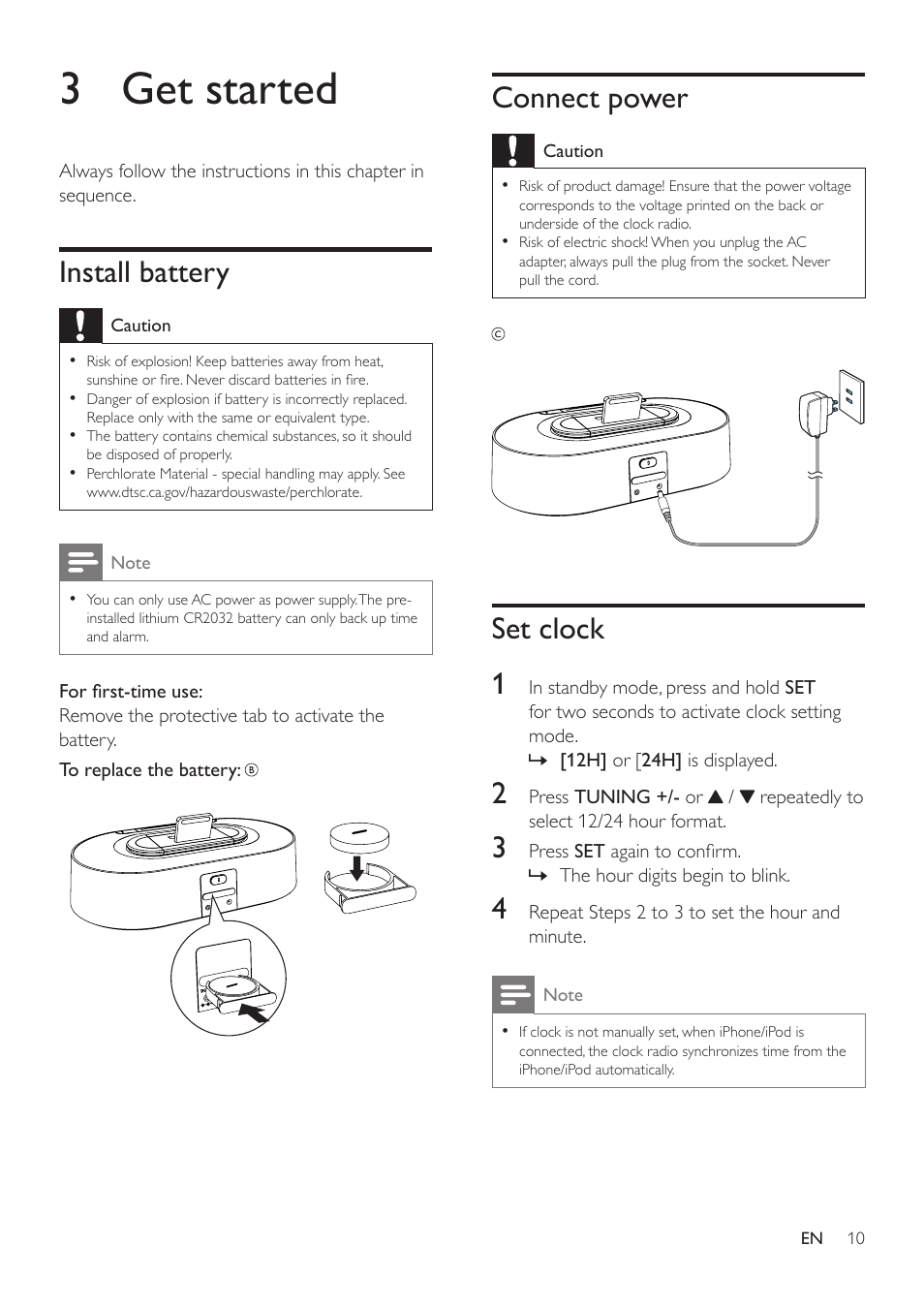 3 get started, Install battery, Connect power | Set clock | Philips AJ7030DG-37 User Manual | Page 10 / 21