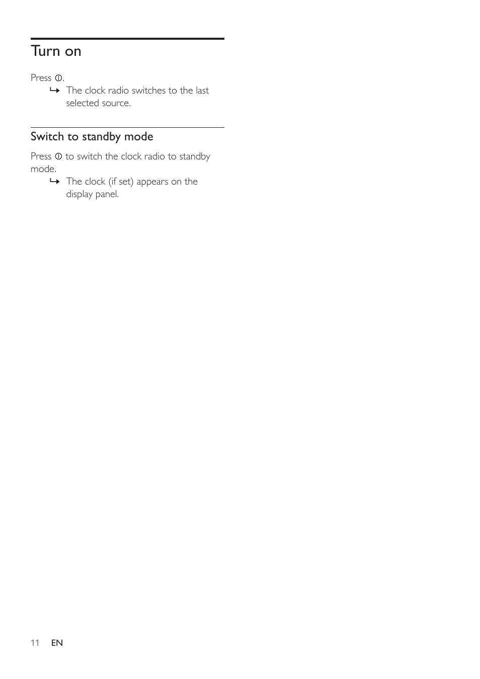 Turn on, Switch to standby mode | Philips AJ7030DG-37 User Manual | Page 11 / 21