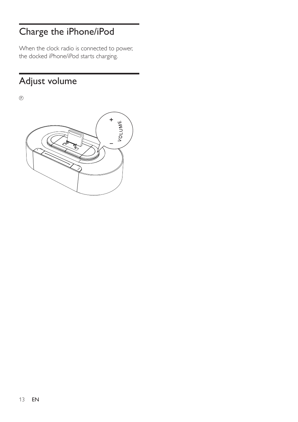 Adjust volume, Charge the iphone/ipod | Philips AJ7030DG-37 User Manual | Page 13 / 21