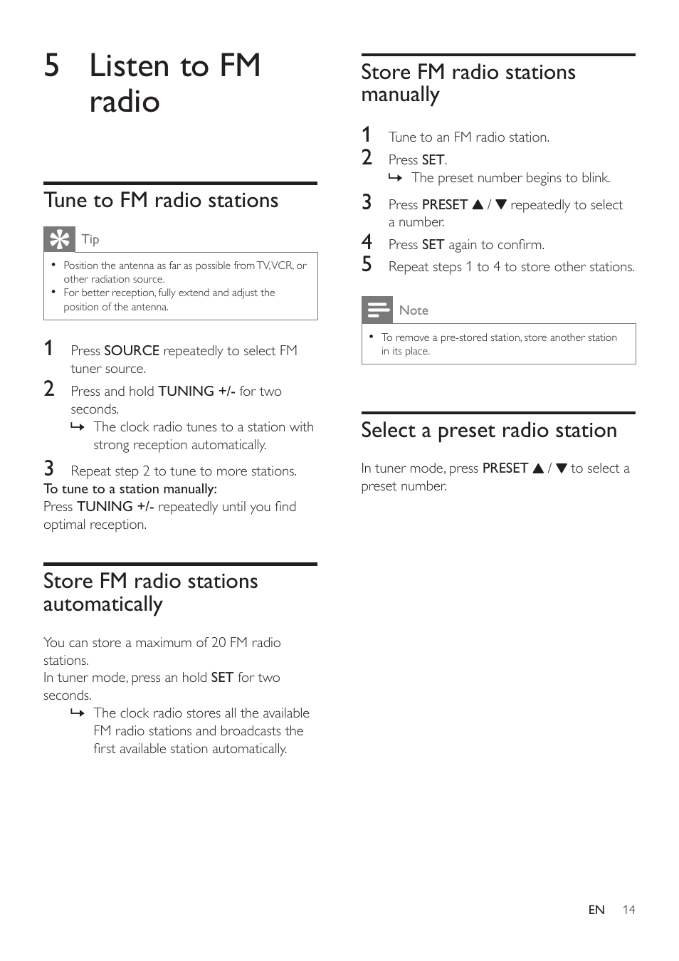 5 listen to fm radio, Tune to fm radio stations, Store fm radio stations automatically | Store fm radio stations manually, Select a preset radio station, Store fm radio stations automatically 14, Store fm radio stations manually 1 | Philips AJ7030DG-37 User Manual | Page 14 / 21