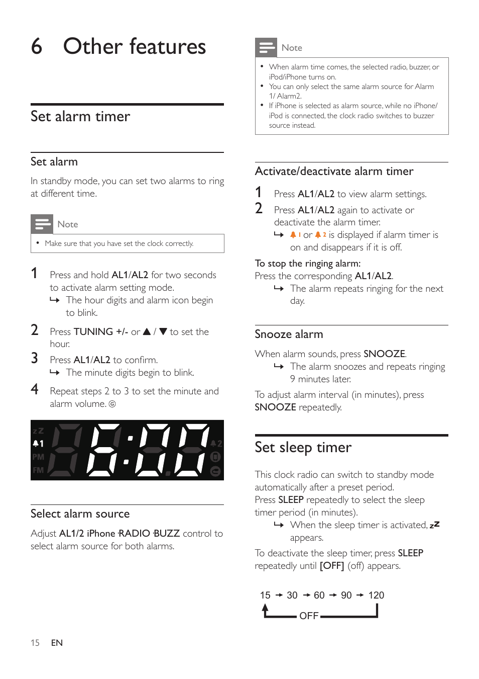 6 other features, Set alarm timer, Set alarm | Select alarm source, Activate/deactivate alarm timer, Snooze alarm, Set sleep timer | Philips AJ7030DG-37 User Manual | Page 15 / 21