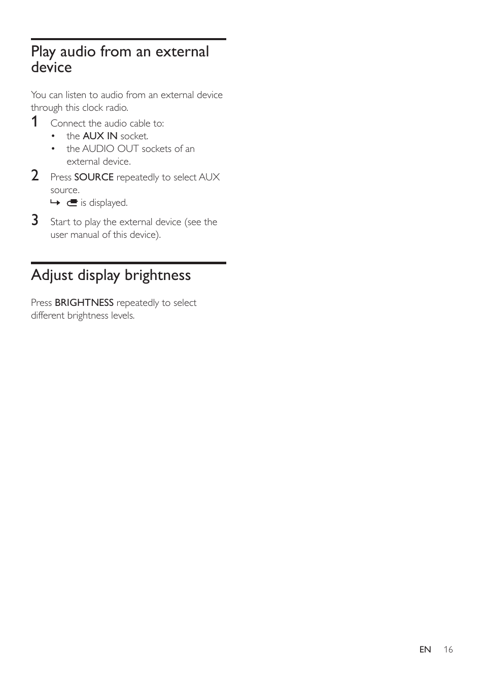 Play audio from an external device, Adjust display brightness | Philips AJ7030DG-37 User Manual | Page 16 / 21