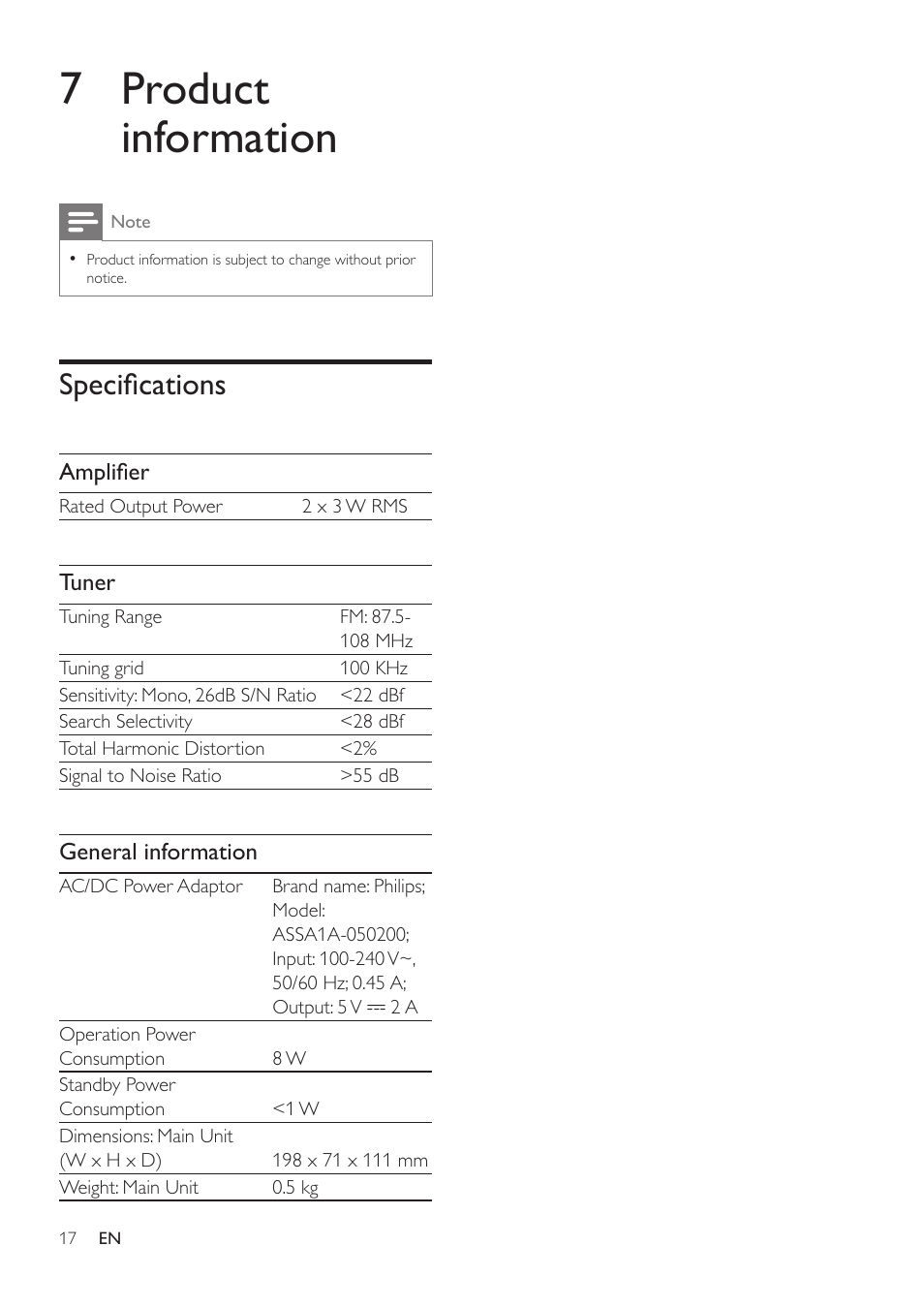 7 product information, Specifications, Amplifier | Tuner, General information | Philips AJ7030DG-37 User Manual | Page 17 / 21