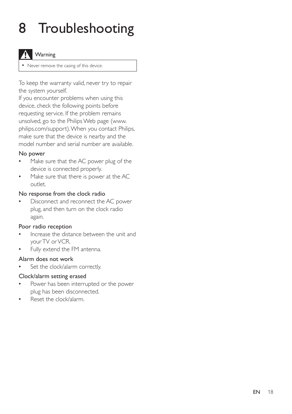 8 troubleshooting | Philips AJ7030DG-37 User Manual | Page 18 / 21