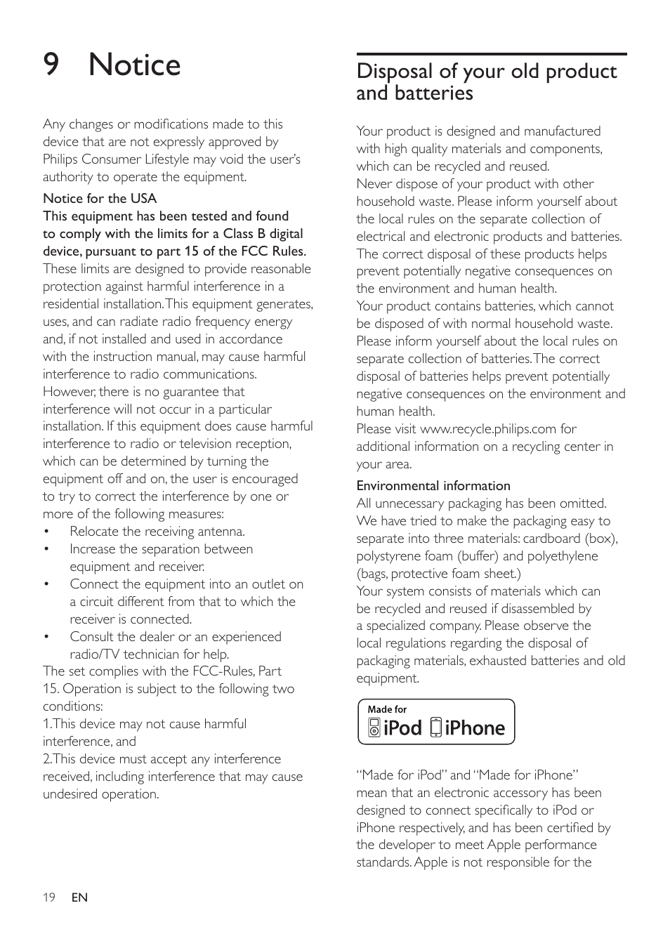 9 notice, Disposal of your old product and batteries, Disposal of your old product and | Batteries | Philips AJ7030DG-37 User Manual | Page 19 / 21