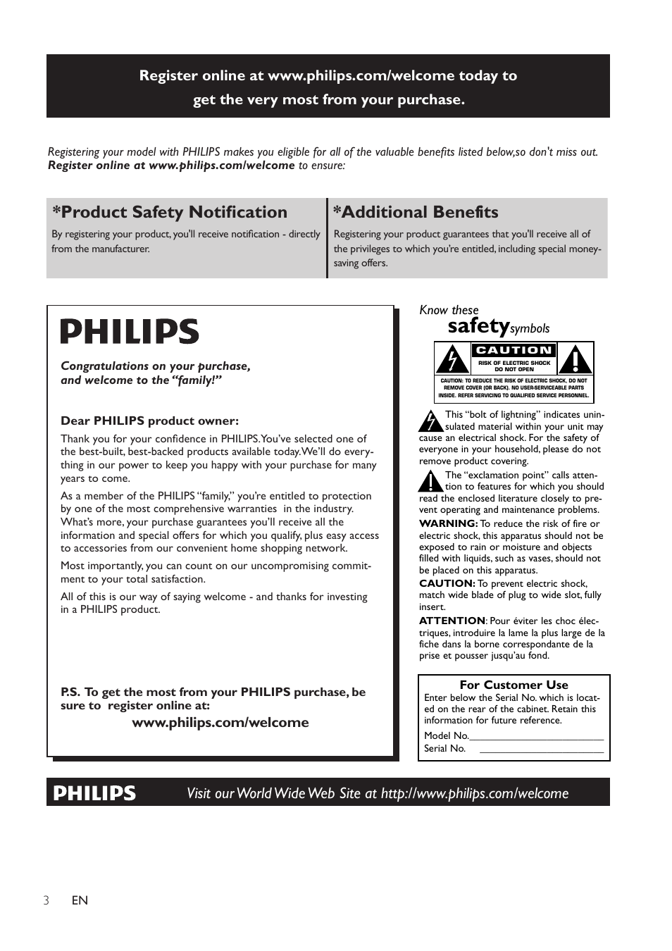 Safety, Product safety notification *additional benefits, Proof of purchase | Product safety notification, Additional benefits | Philips AJ7030DG-37 User Manual | Page 3 / 21