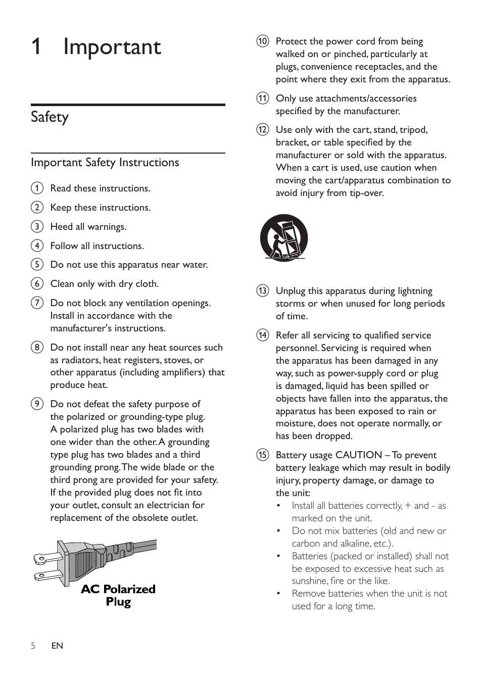 1 important, Safety, Important safety instructions | Philips AJ7030DG-37 User Manual | Page 5 / 21