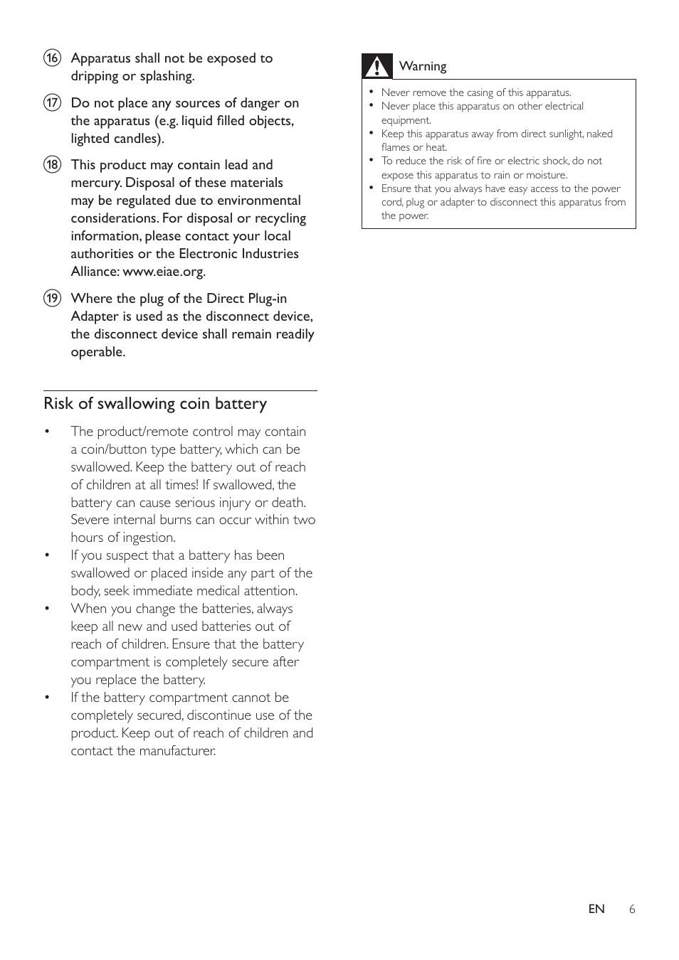 Risk of swallowing coin battery | Philips AJ7030DG-37 User Manual | Page 6 / 21