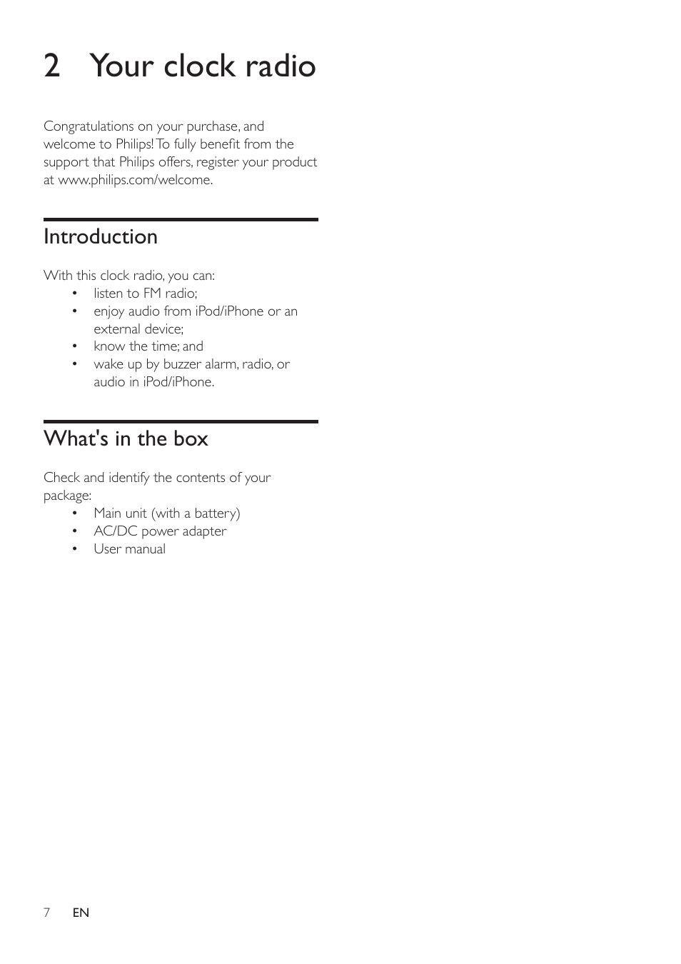 2 your clock radio, Introduction, What's in the box | Overview of the main unit | Philips AJ7030DG-37 User Manual | Page 7 / 21