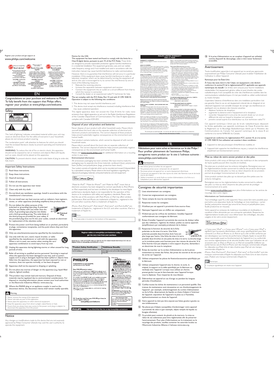 Safety, Notice, Consignes de sécurité importantes | Avertissement | Philips DS1210-37 User Manual | Page 3 / 4
