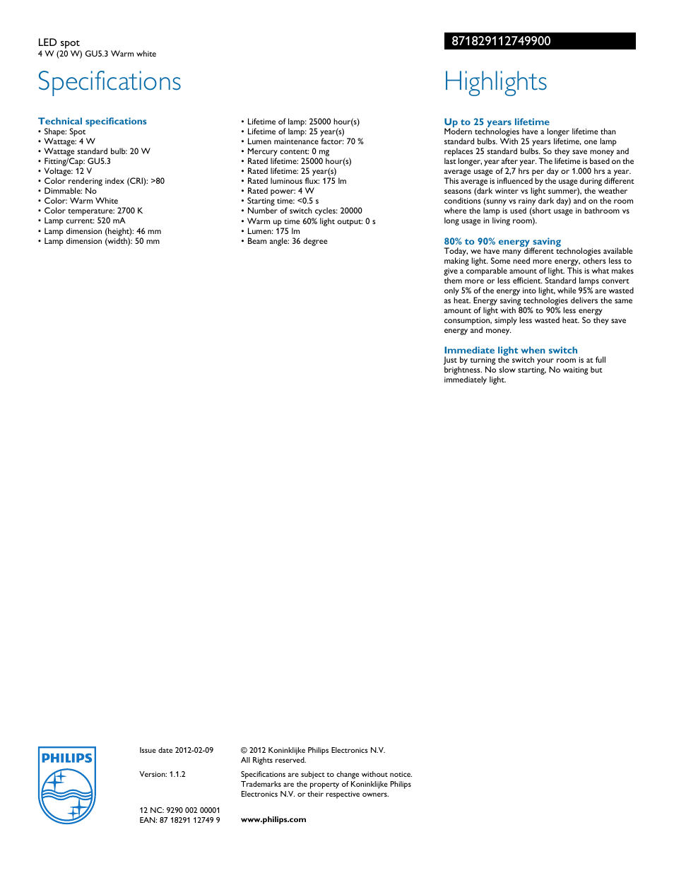 Specifications, Highlights | Philips 871829112749900 User Manual | Page 2 / 2