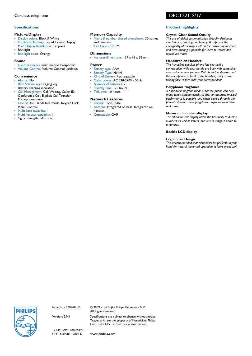 Philips Cordless telephone DECT2211S User Manual | Page 2 / 2