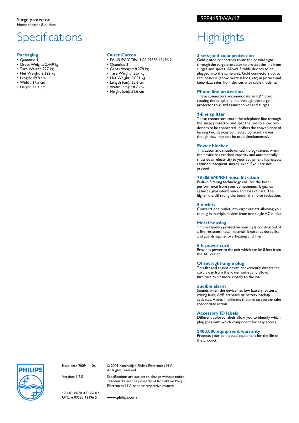 Specifications, Highlights | Philips SPP4153WA-17 User Manual | Page 2 / 2