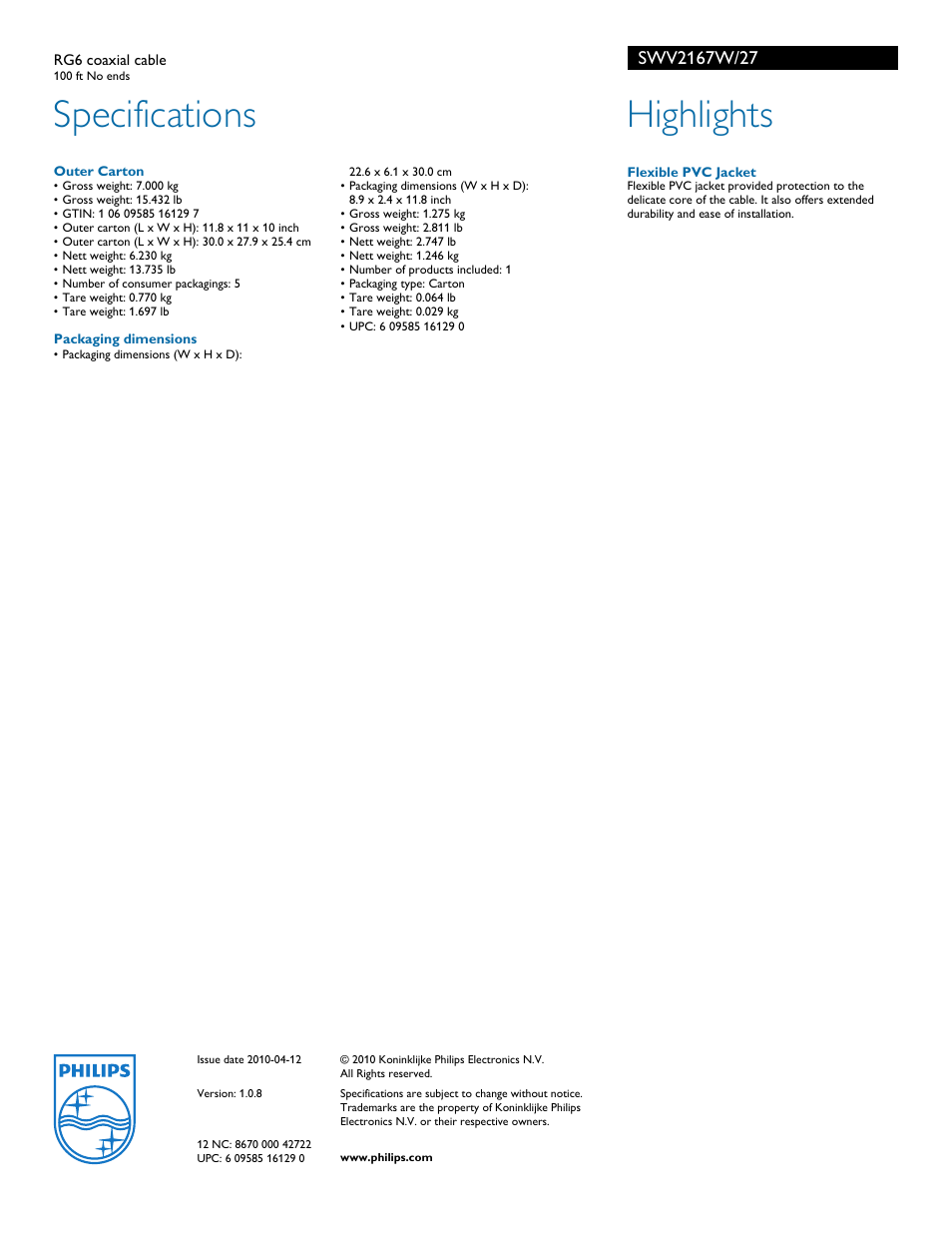 Specifications, Highlights | Philips SWV2167W-27 User Manual | Page 2 / 2