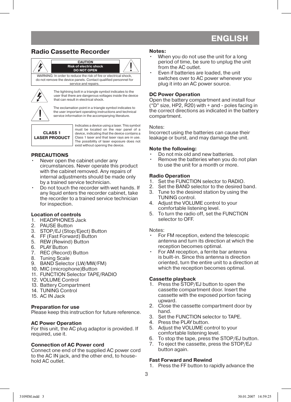 English, Radio cassette recorder | Vitek VT-3109 SR User Manual | Page 3 / 16
