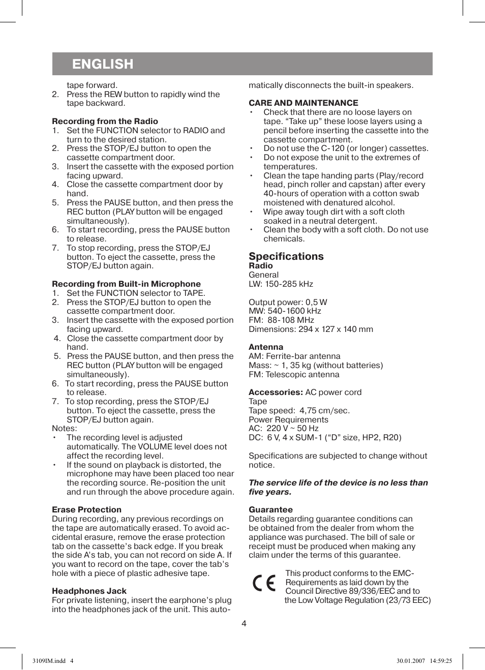 English, Specifications | Vitek VT-3109 SR User Manual | Page 4 / 16