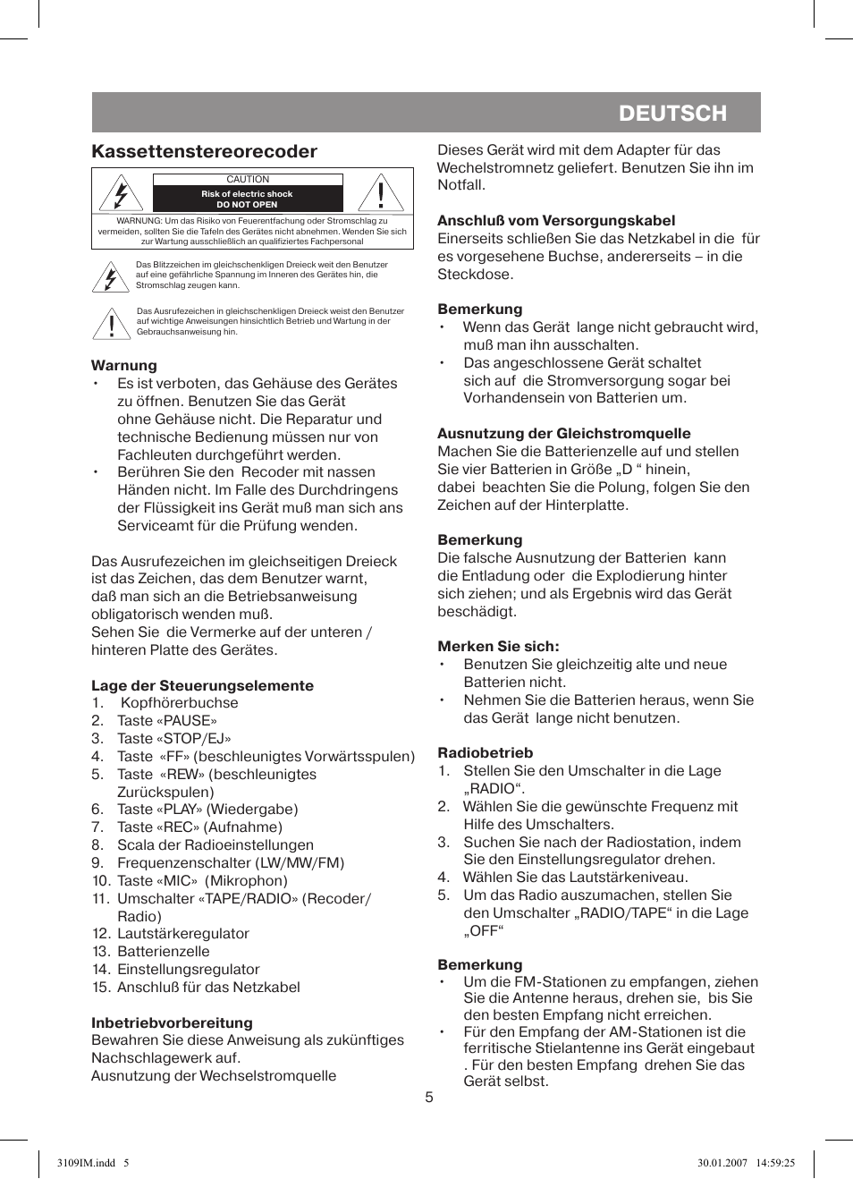 Deutsch, Kassettenstereorecoder | Vitek VT-3109 SR User Manual | Page 5 / 16